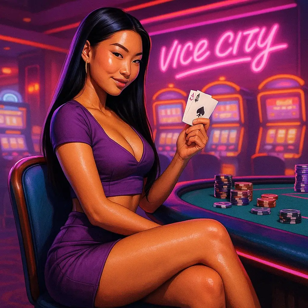 Asian woman at a crypto poker table in Vice City style casino – GTA 6 inspired