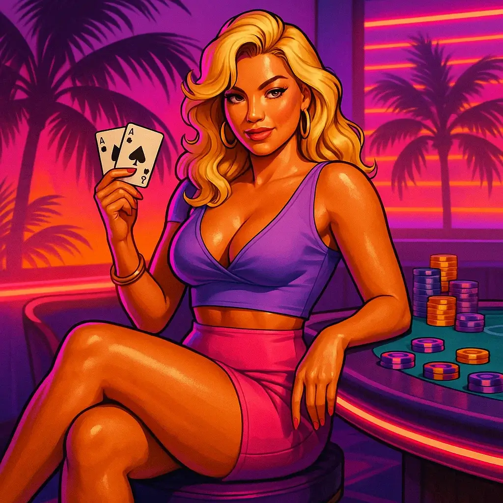 Blonde woman with cards at a crypto poker table – inspired by GTA 6 artwork