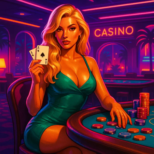 Blonde woman in green dress playing poker with crypto chips in vibrant Vice City-style casino – GTA6Poker.com