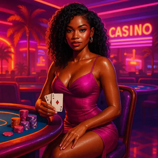 Confident Black woman playing poker at tropical neon casino table, inspired by GTA 6 – GTA6Poker.com