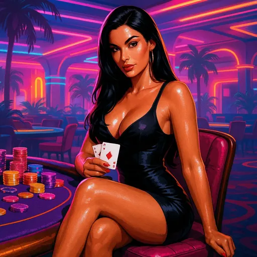 Black-haired woman playing poker at neon casino table – GTA6Poker