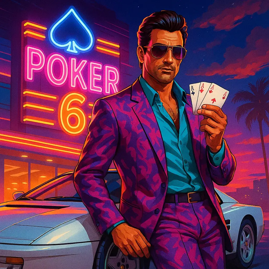 GTA 6 inspired poker player holding cards in front of crypto casino