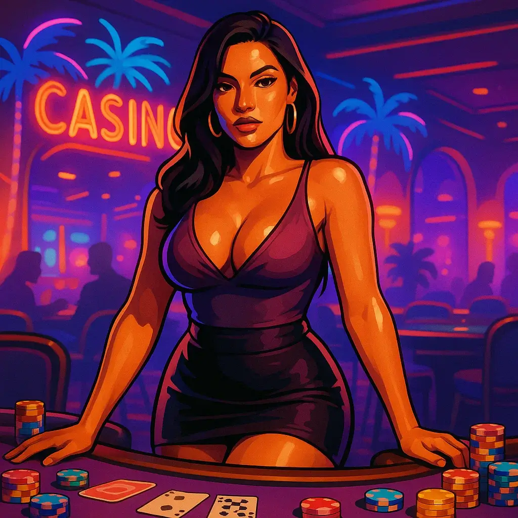 Confident woman standing at poker table in neon-lit GTA 6 casino environment